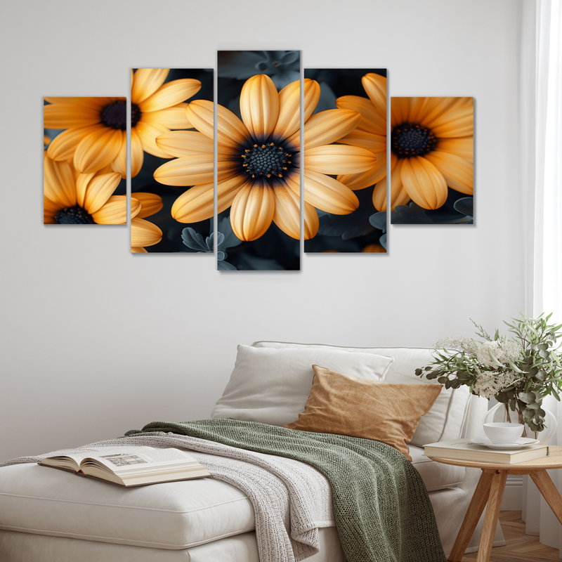 Monochromes jaunes, noirs, marguerites, soufflage III - marguerites, ensemble d'art mural sur toile