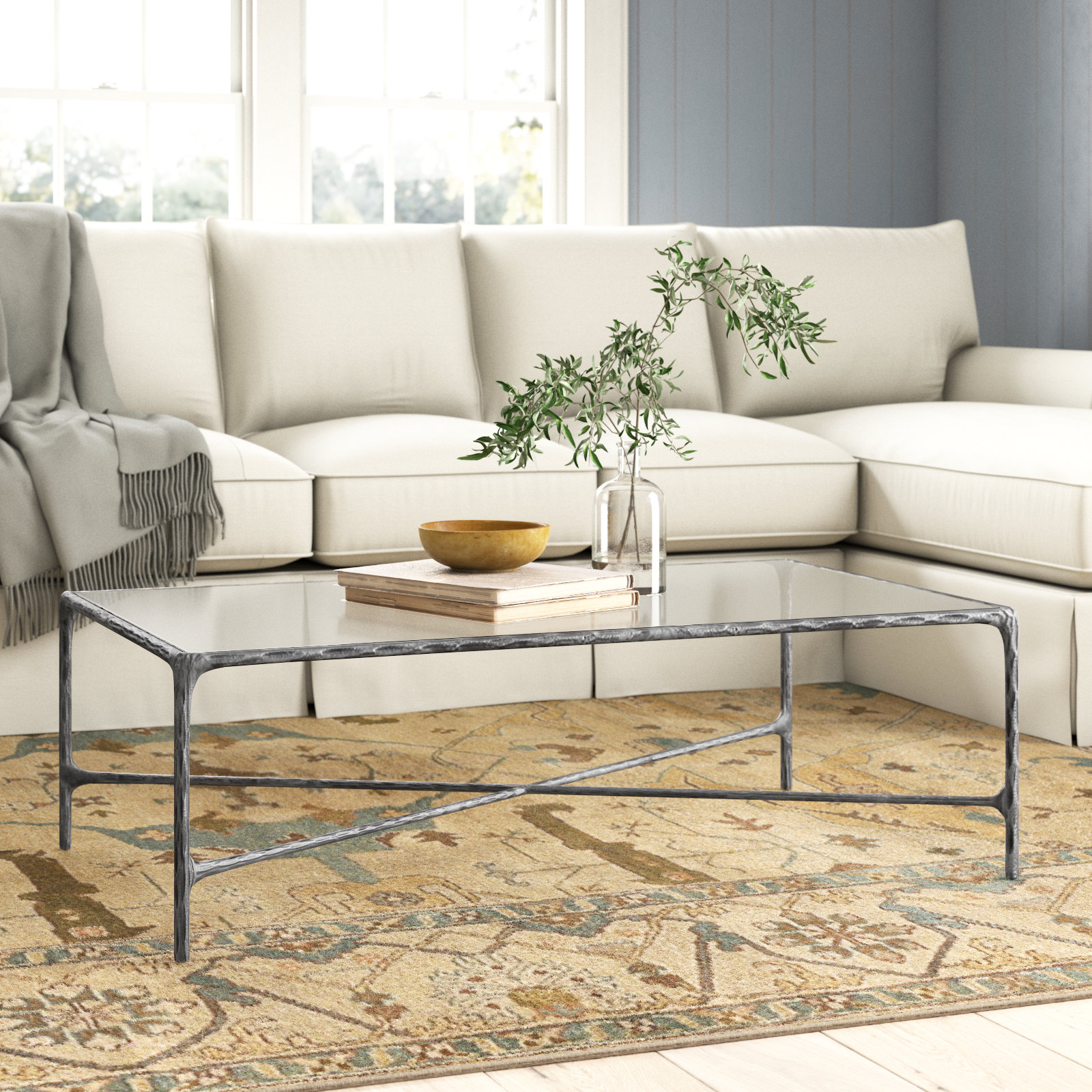 Evelynn 48" Coffee Table, Silver, Clear