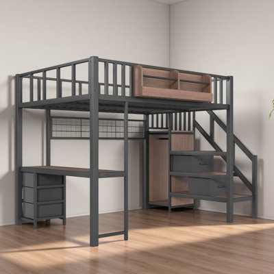 Loft bed with desk, Heavy Duty save space Loft Bed with Drawers & Storage Stair, All-in-One Metal Frame Multi-Functional Loft Bed for Teens Adults