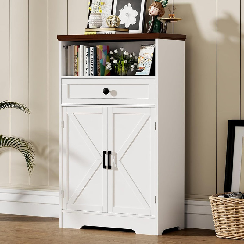 Armoire de plancher blanche avec portes de grange et tiroir, tablettes réglables
