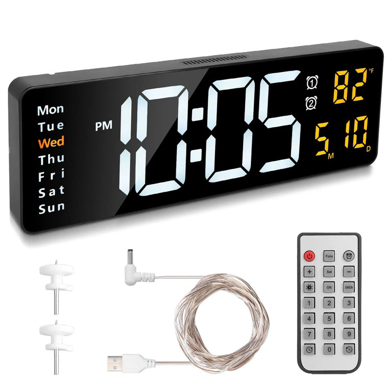 Horloge murale à DEL de 15,7 pouces avec télécommande, luminosité à 10 niveaux, 3 alarmes, format 12 / 24hr, compte à rebours, affichage de la température et du calendrier pour la maison de bureau