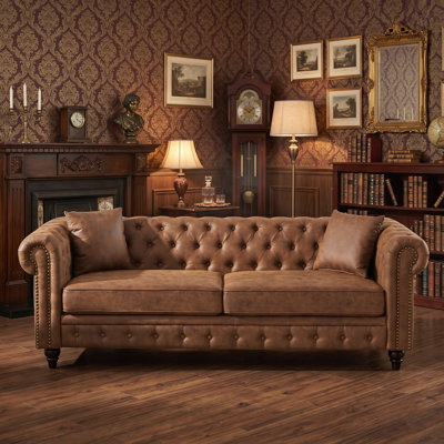 85.5" Upholstered Chesterfield 3-Seater Sofa with Rolled Arms and Toss Pillows