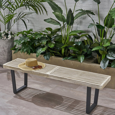 Banc d'extérieur en bois élégant et fer noir, profondeur 155 cm, structure en fil de fer gris brossé, style rustique contemporain, profondeur 155 cm