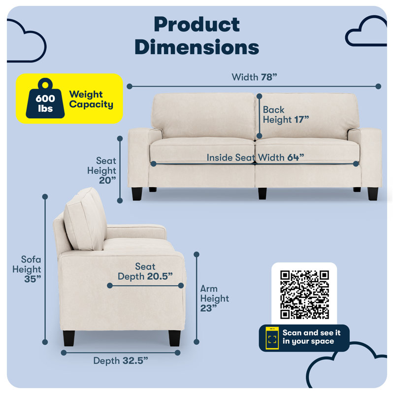 Serta Palisades Track Arm Sofa, Easy Care Fabric, Soft Pillow Back, Pocket Coil Seat Cushions, Cream Microsuede, 78"