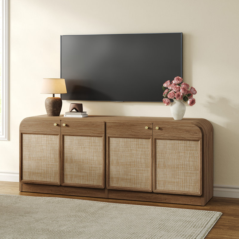 Meuble télé pour téléviseur de 65 po ou moins avec 4 armoires de rangement en rotin Consiglia, Naturel, 1