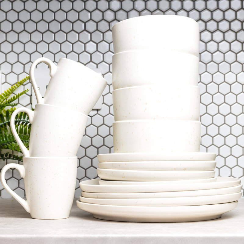 ROYALFORD 16 Piece Stoneware Dinnerware Set | Microwave, Dishwasher & Freezer Safe Durable Crockery Set | Includes Dinner & Dessert Plates Cereal Bowl & Mugs | Kitchen Dinner Set for 4 People