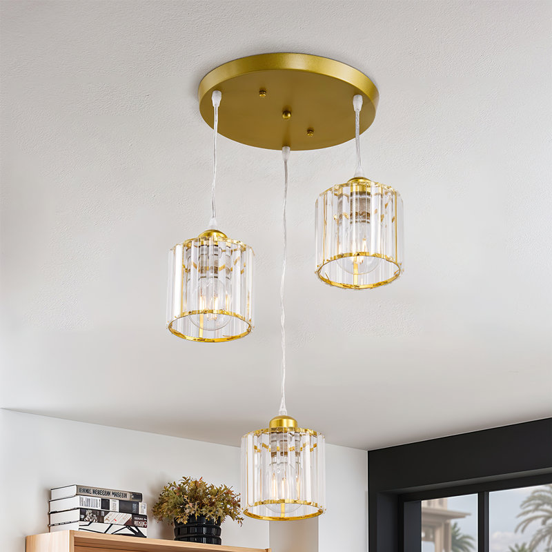 3 - Light Crystal Pendant, Brushed Gold, Gold