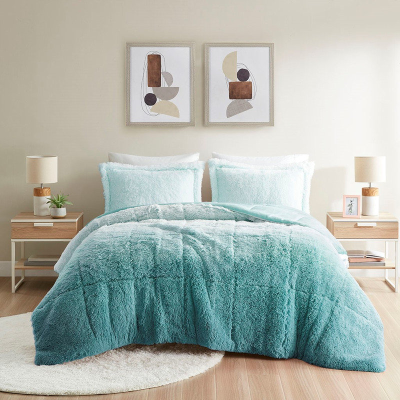Faux Fur Shaggy Comforter Mini Set with Shams - Hypoallergenic Polyester Filling, Dustproof Design, Ombre Style, Machine Washable