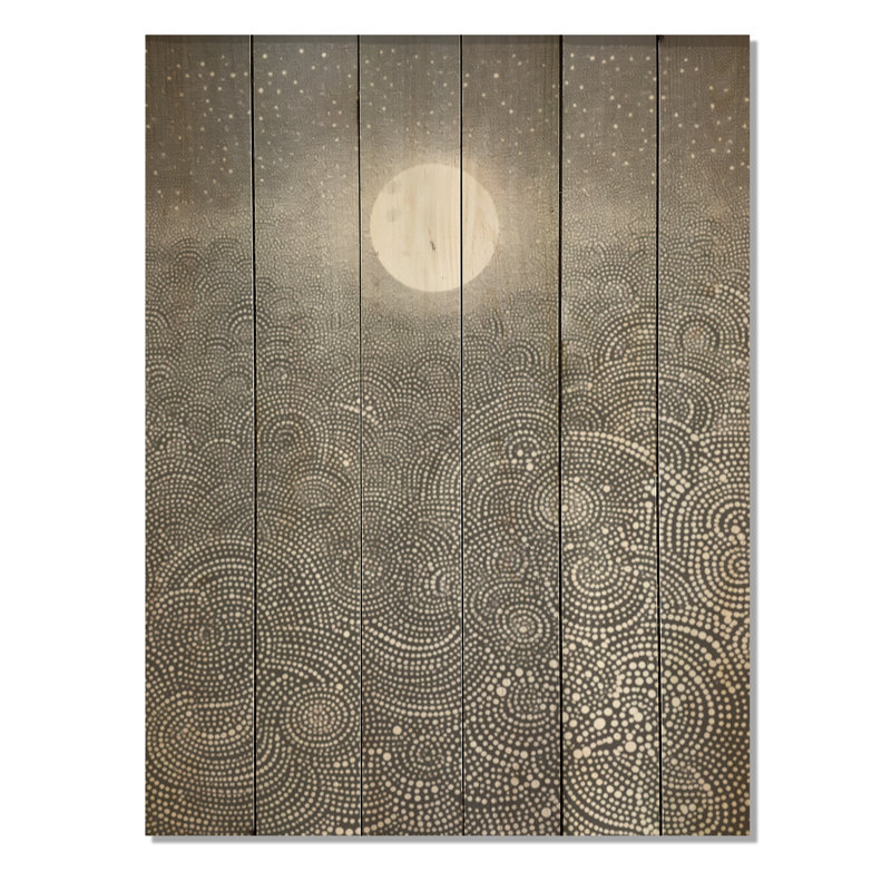 Gris abstrait pleine lune paysage - corail sous l'eau sous l'eau, art mural sur bois de pin naturel, H 40 po x l 30 po