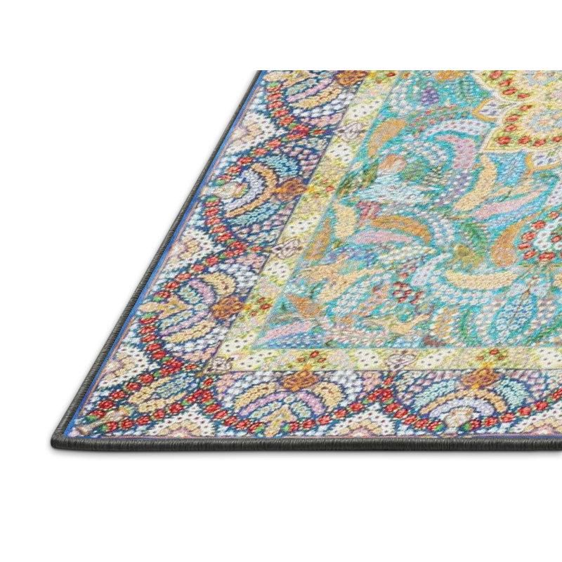 Tapis bleu/jaune/rose Wani, Rectangle 5 pi x 7 pi