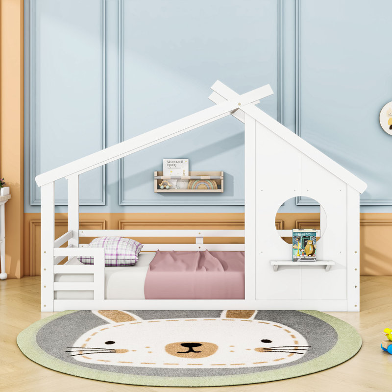 Lit maison avec fenêtre et tablette, rails, Simple, Blanc