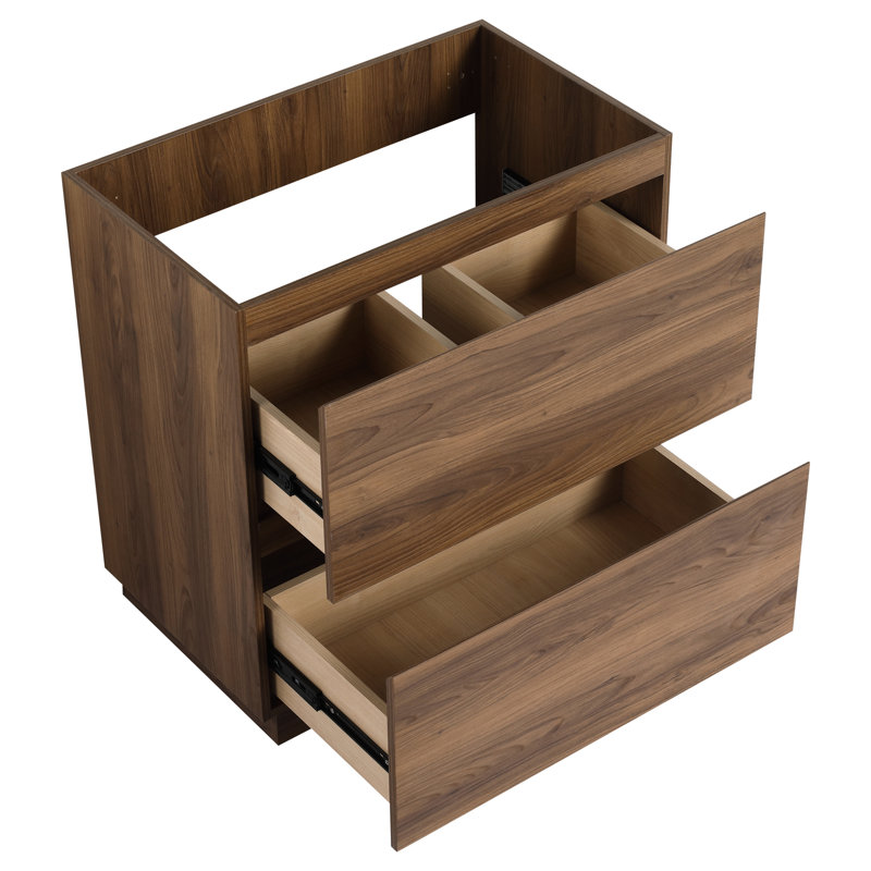 Meuble-lavabo de 30 po sans lavabo, meuble-lavabo en bois d'ingénierie moderne avec deux tiroirs, brun, lavabo compact, bois encastré, pratique et élégant