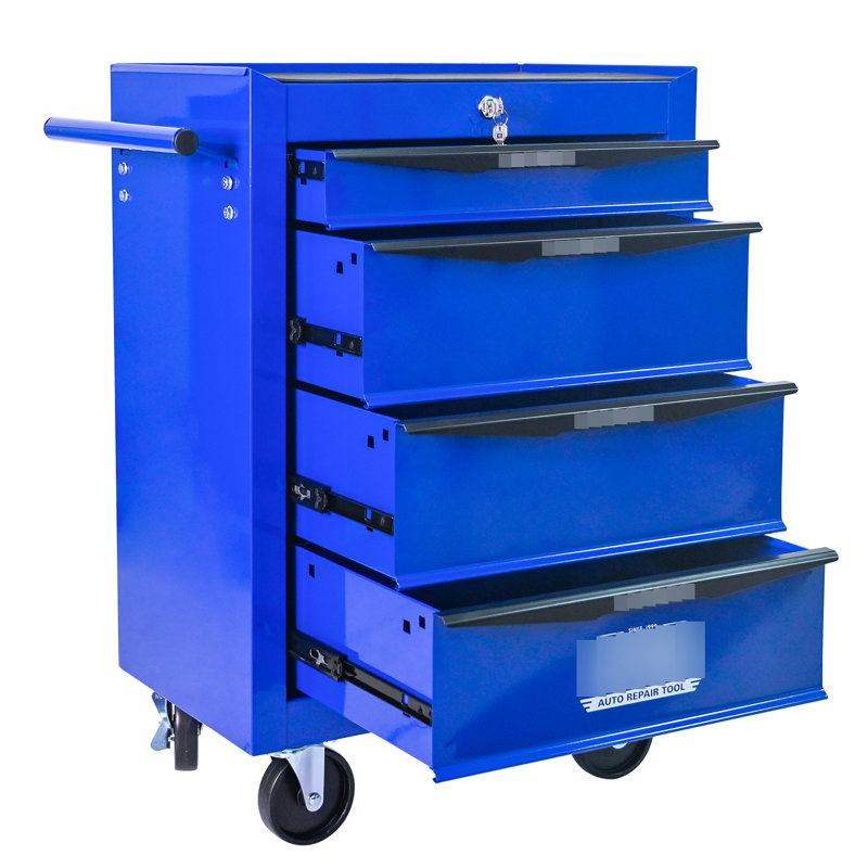 20" 4 Steel Tool Storage Box With Bearing Drawer Slides, Black & Blue Colour, 4 Universal Wheels For Smooth Movement, Locking System Item Preservation Rolling Metal Chest Cabinet 15Kg Loading