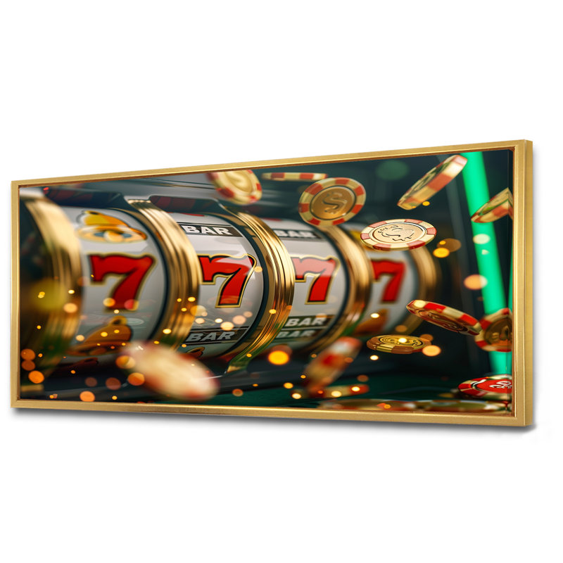 Machine à sous Jackpot Winner II, Toile avec cadre flottant or, H 28 po x l 60 po x P 1,5 po