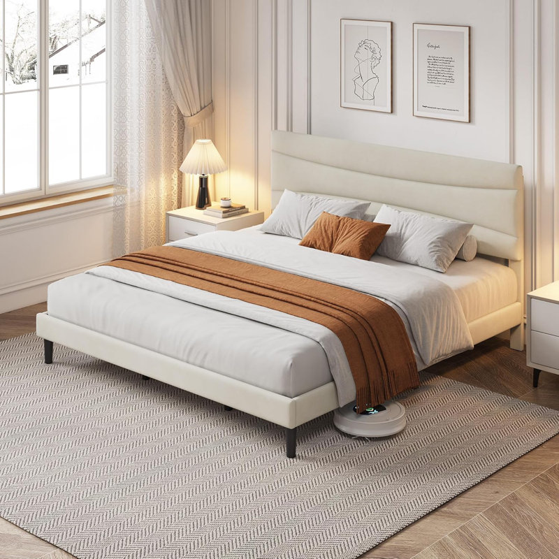 King Size Velvet Upholstered Platform Bed Frame with Headboard, Wood Slat Support, Under-Bed Storage, No Box Spring Required, Beige, Modern Bedroom