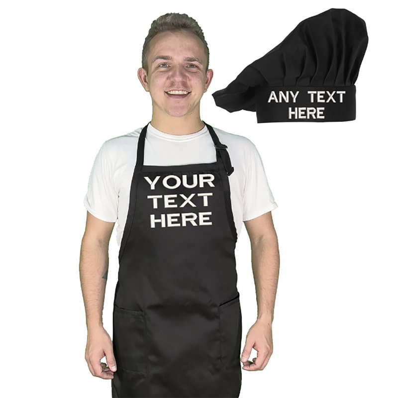 Tablier personnalisé avec ensemble de chapeaux brodés pour le chef, tabliers pour femmes et hommes, Noir, Oui