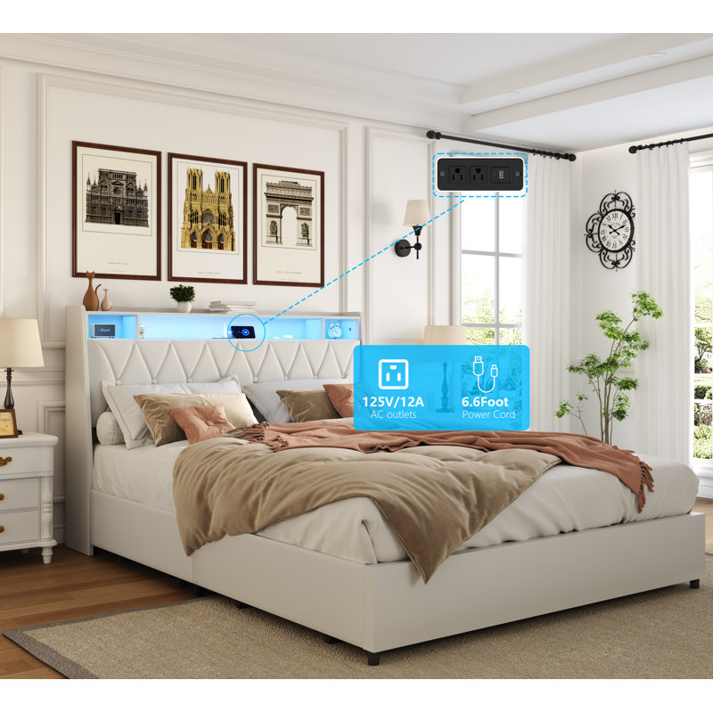 Structure de grand lit avec tête de lit ergonomique, structure de lit en métal avec tablette de rangement, Blanc