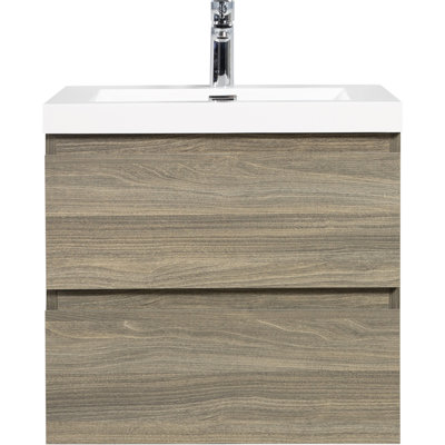 24" Floating Bathroom Vanity In Ash Grey, Wall - Mounted, Glossy White Resin Sink, Soft Close Drawers, Water Barrier Protection