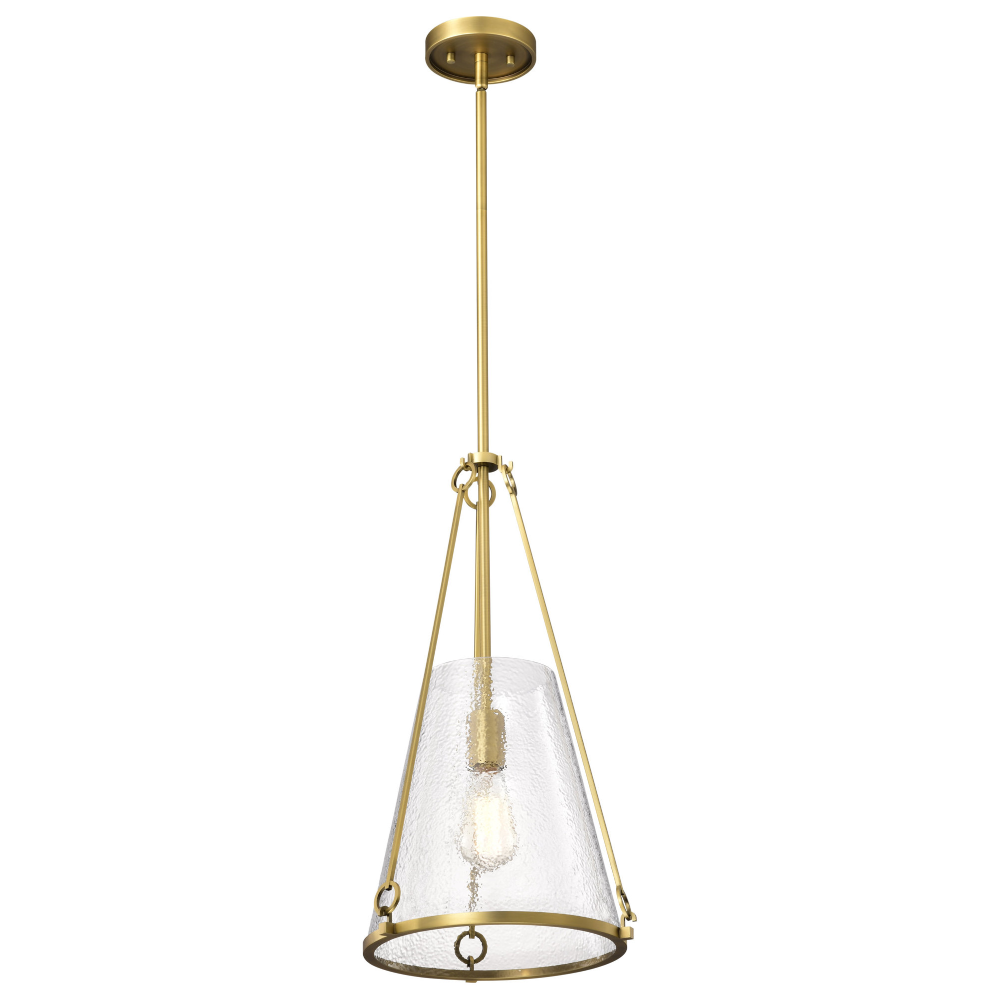 Valentine - Small Pendant - Vintage Brass Finish - Hammered Glass, Vintage Brass, 22.5" H x 12" W x 12" D