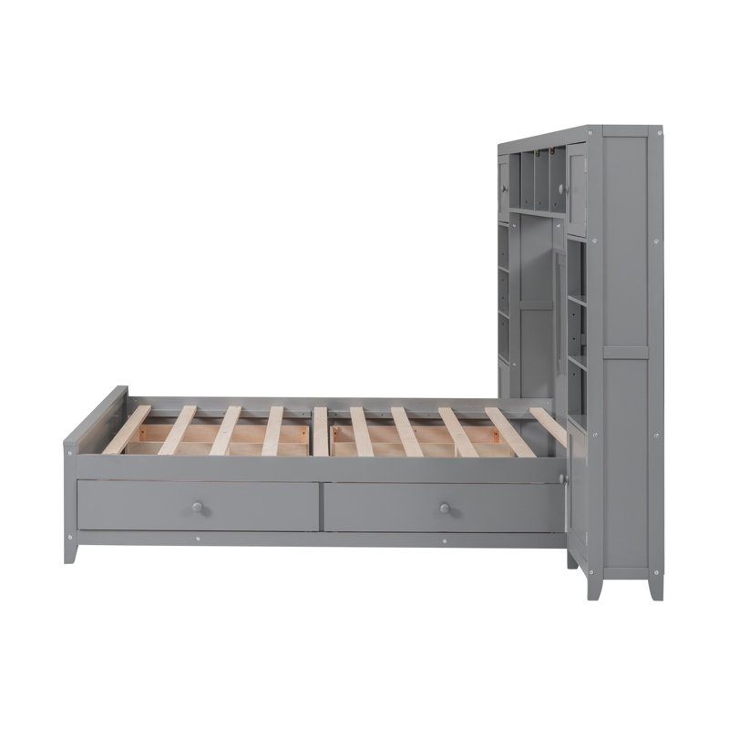 Lit double en bois avec armoire et tablette tout-en-un, gris, Gris
