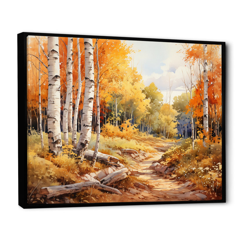 Birch Woods Gilded Pathway II - Imprimé, H 12 po x l 20 po x P 1 po, Cadre flottant noir