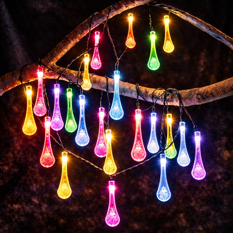  Aman 21.3 ft Solar Powered Water Drop Fairy String Lights with 8 Modes 30 LED Outdoor Waterproof for Garden Patio Decor