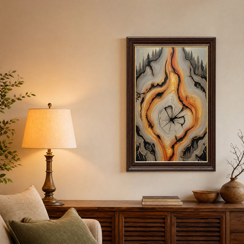 Coupe transversale d'un tronc d'arbre avec silhouette de forêt - Tableau sur toile, H 18 po x l 12 po