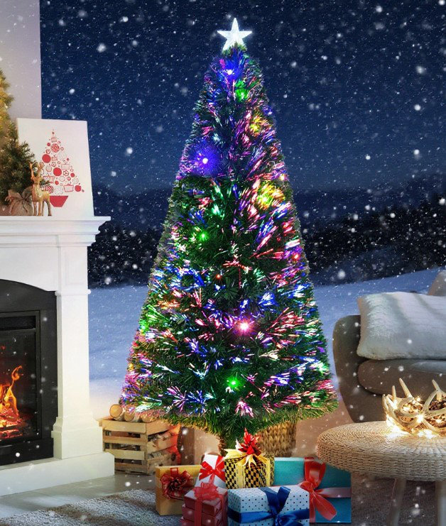 Arbre de Noël artificiel traditionnel pré-éclairé avec branches en PVC et base en métal