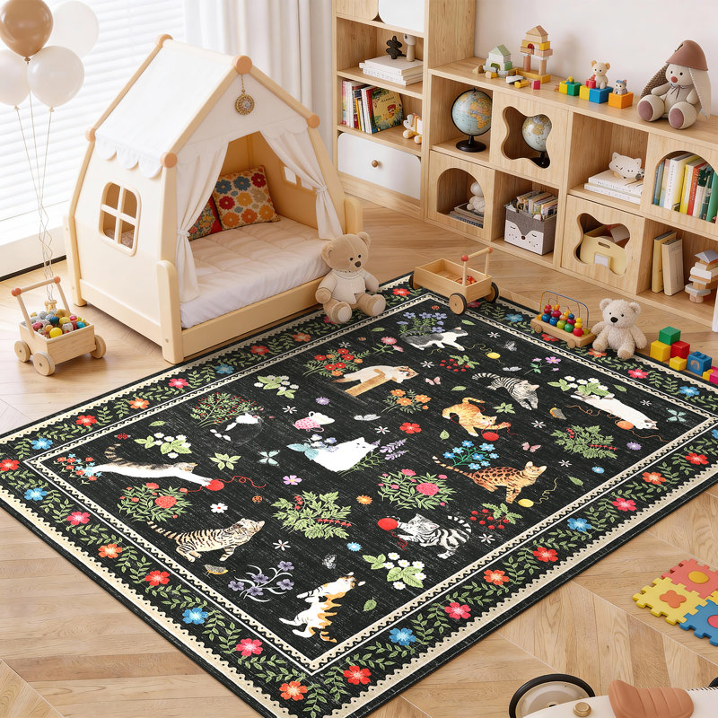 Modern Animal 5×7 Cat Pattern Area Rugs for Living Room Bedroom Playroom Non Slip Floral Bordered Washable Soft Indoor Carpet