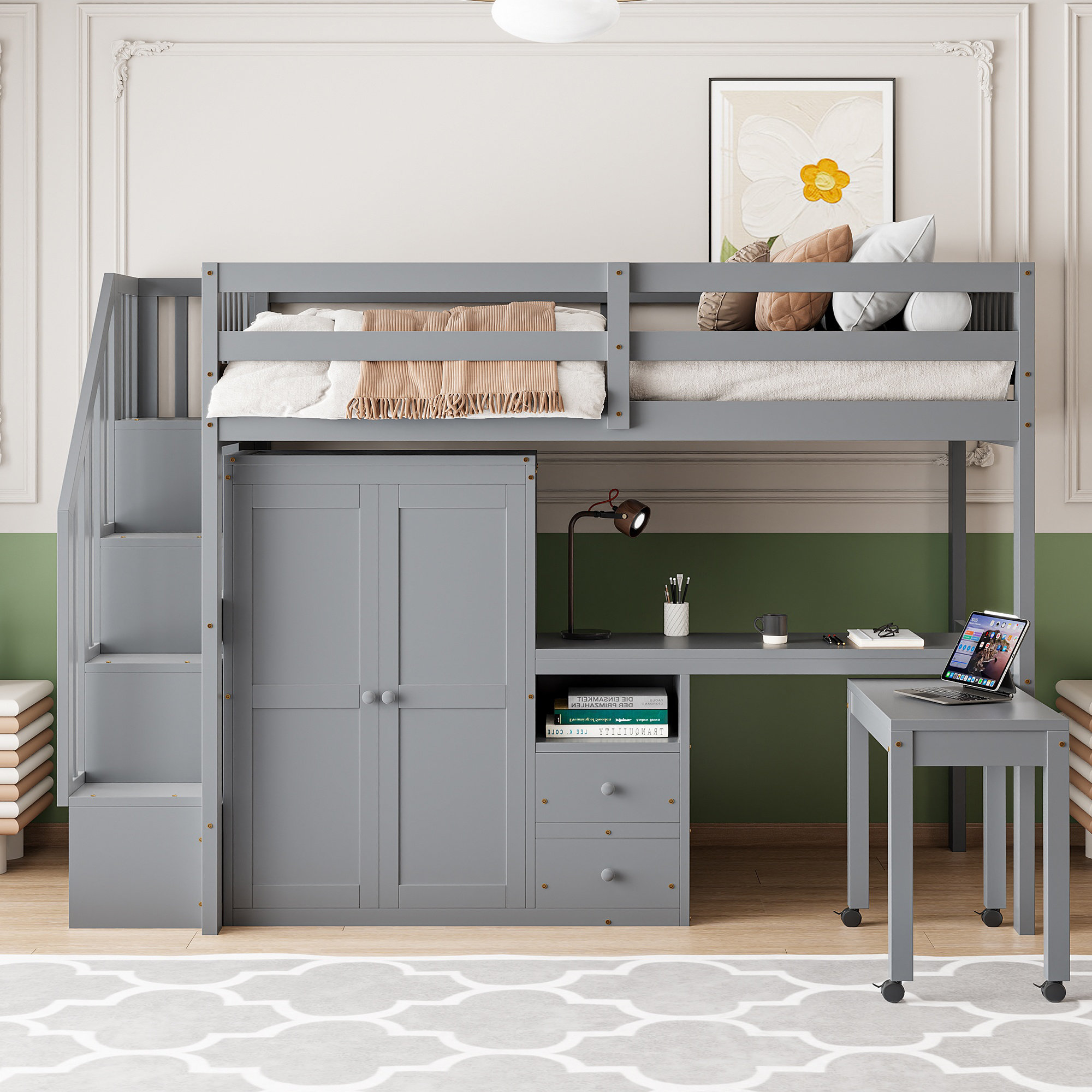 Hokku Designs Lit mezzanine multifonctionnel avec escalier, bureau ...