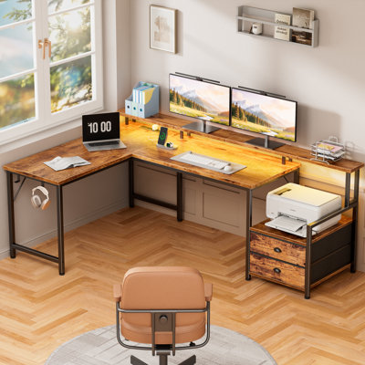 L-Shaped Computer Desk with LED Lishts, Pover Outlets, Drawers & Printer Stand, Convertible Gaming Desk