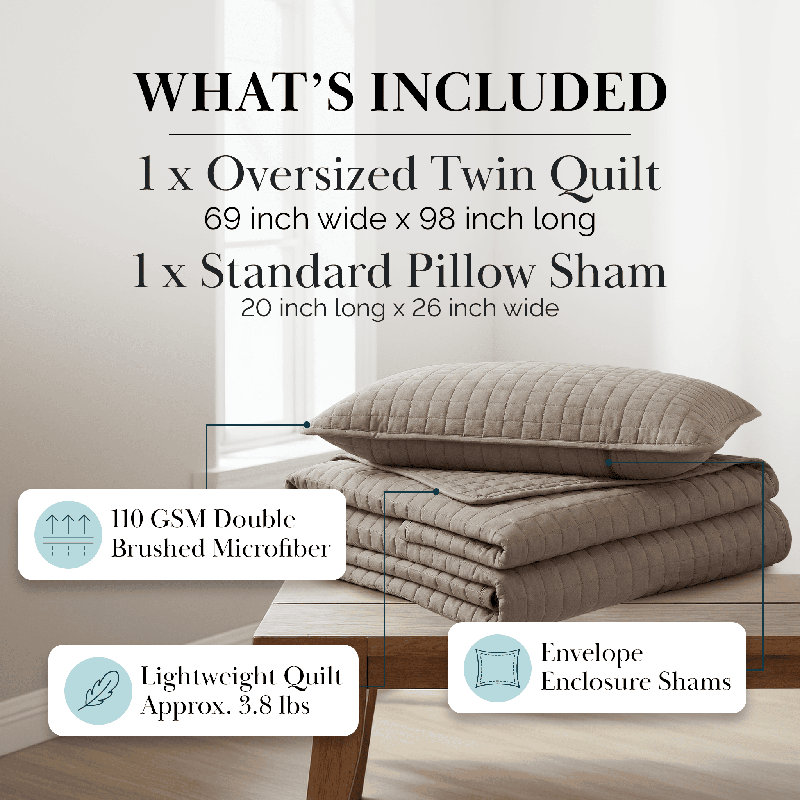 Vilano Springs ® Oversized, Light-Weight Hotel Quality Quilt Set with Matching Shams, Twin/Twin XL Quilt + 1 Standard Sham