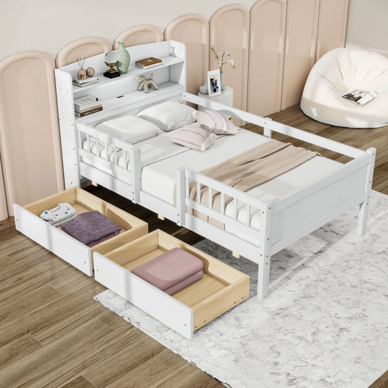 Lit plateforme simple en bois avec tiroirs de rangement, tablettes, port USB et lumière DEL, Blanc