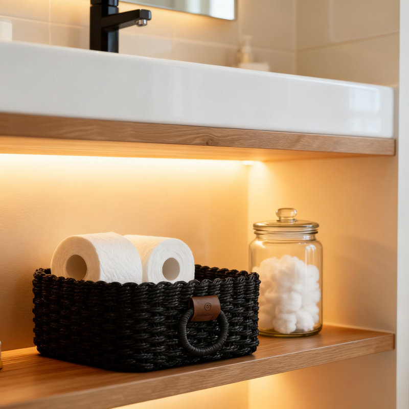 Handwoven Paper Rope Storage Baskets Set Of 3 With Vegan Leather Handles, Woven Organizing Baskets For Home Decor And Storage Solutions