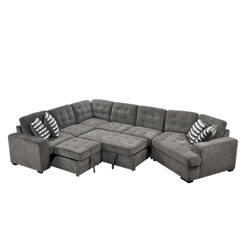 Ombra 149'' Oversized Sectional Sofa Square Arms Firm Sectional Sleeper Sofa with Pull Out Bed, Ebony