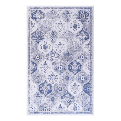 Tapis 5 x 8 bleu, lavable, antidérapant, à poils courts pour le salon, la chambre à coucher, la cuisine, les taches et les dégâts, améliore le confort de la pièce