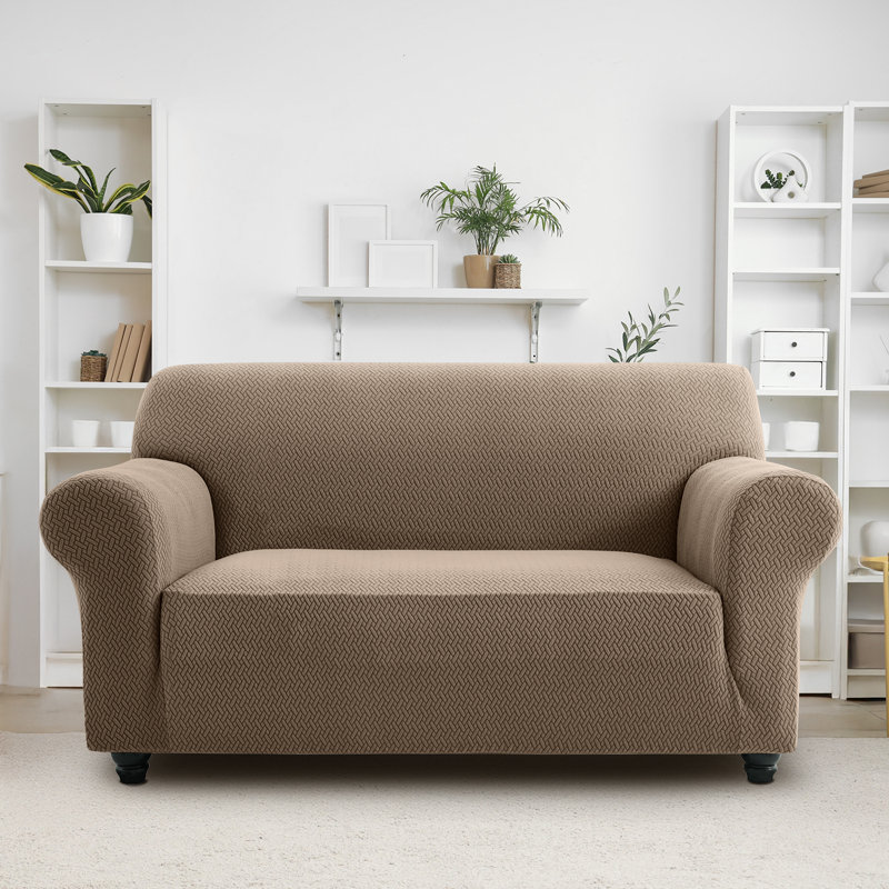 Durable Spandex Stretch Sofa Cover - Jacquard Pattern Sofa Slipcover & Furniture Protector, Coffee/Sand