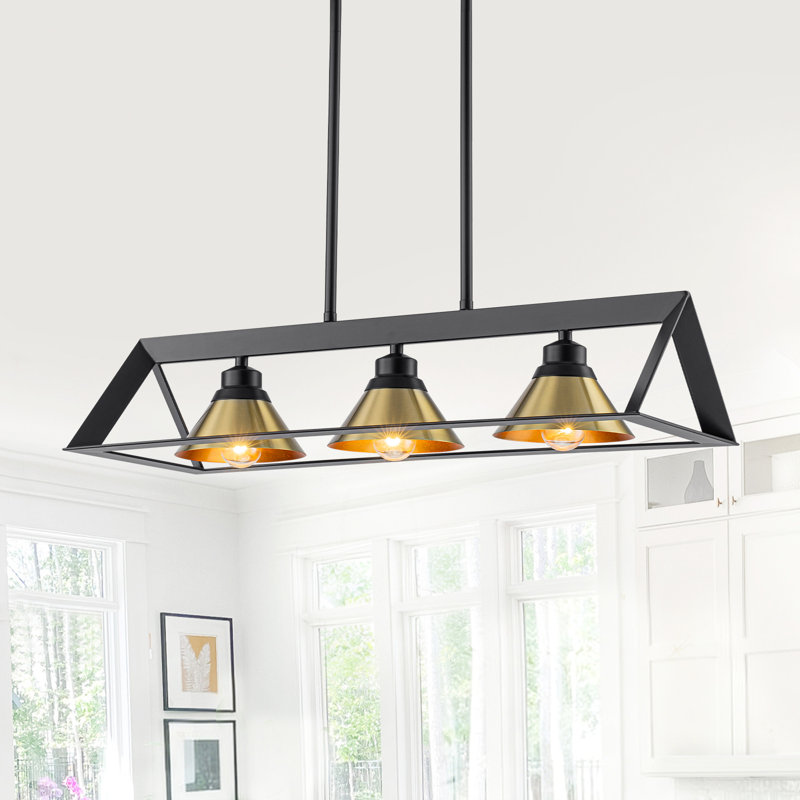Lustre linéaire pour îlot de cuisine avec cadre noir mat et abat-jour conique doré - 3 ou 5 lumières, hauteur réglable, homologué ETL