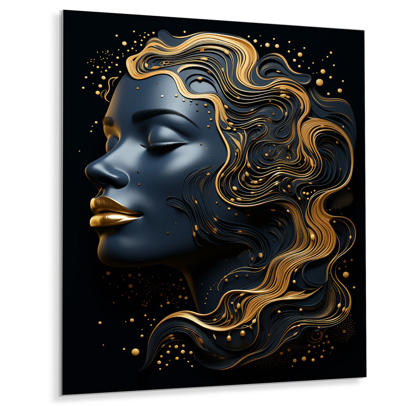 Portrait de femme céleste dorée et noire IV - art en métal tendance, H 32 po x l 24 po x P 1 po