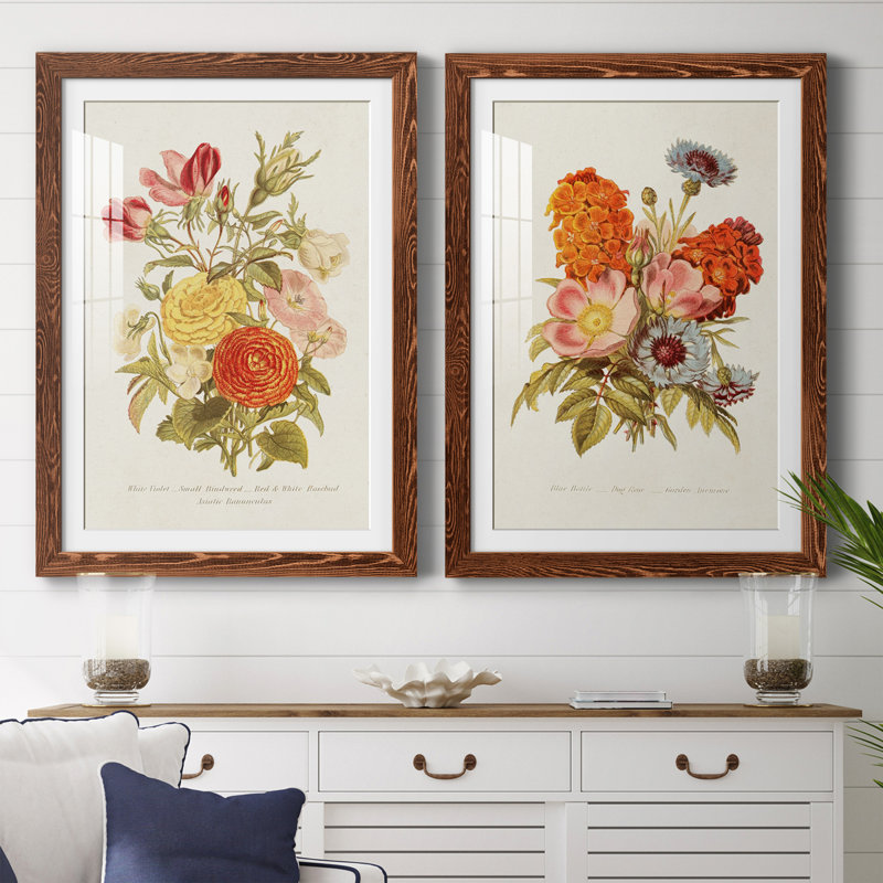 Antique Floral Bouquet I - Ensemble de 2 reproductions de cadres photo, H 20 po x l 34 po x P 1,5 po, Cadre en érable