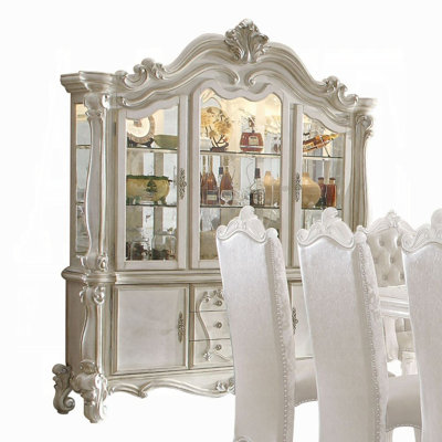 Traditional Antique Platinum Buffet And Hutch With Mirrored Panels And Carved Detailing