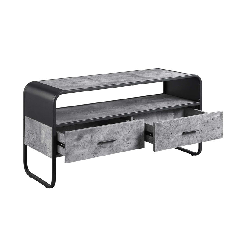 Meuble télé à structure métallique avec 2 tiroirs de rangement, gris béton et noir