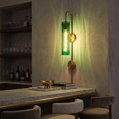 41 Inch Indoor Wall Sconce With Ribbed Glass Shade, E26 Base Modern Wall Lamp, Gold & Green