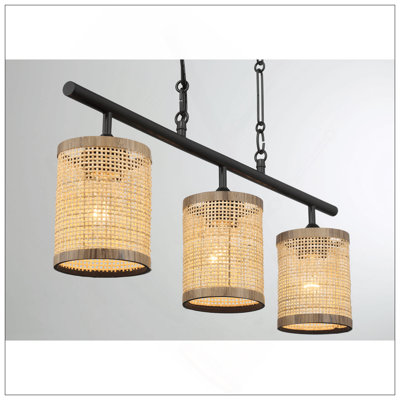 Three Lights Island With Natural Rattan Shade Farmhouse Chain Ceiling Lamp