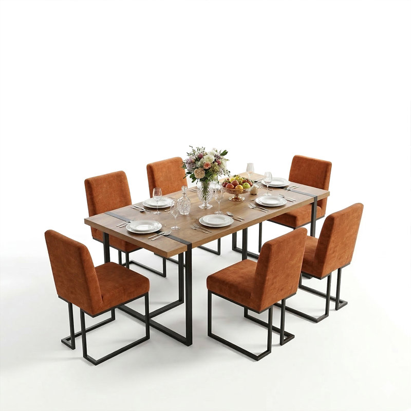 7-Piece Modern Rectangular Dining Table Set For 6 With Upholstered Dining Chairs, Terra