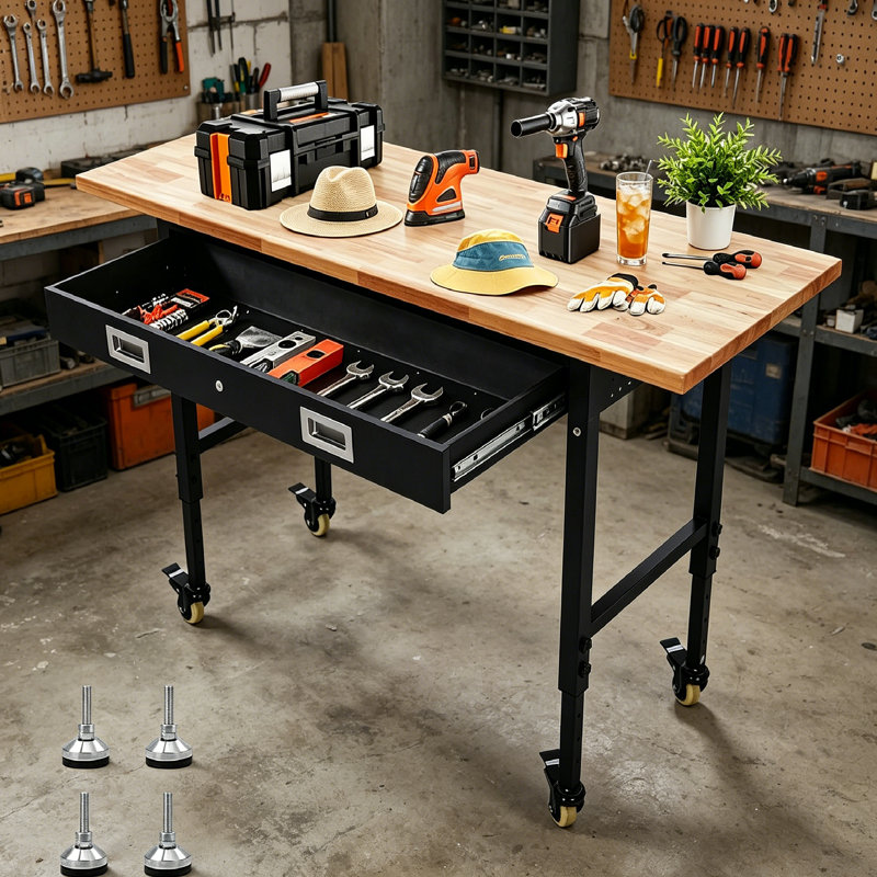 Établi réglable de 60 po x 20 po avec tiroir de rangement et roues verrouillables, table de travail en bois d'hévéa lourd d'une capacité de 2 000 lb, prises de courant intégrées pour le garage, le bureau et l'atelier.