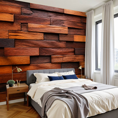 Peel and Stick Wallpaper Wooden Wall Rich Brown Orange Tones Patterned Design Wall Murals 100"H x 144"W Removable PVC Wall Paper Self-Adhesive Wall Decor for Bedroom Living Room Home Office