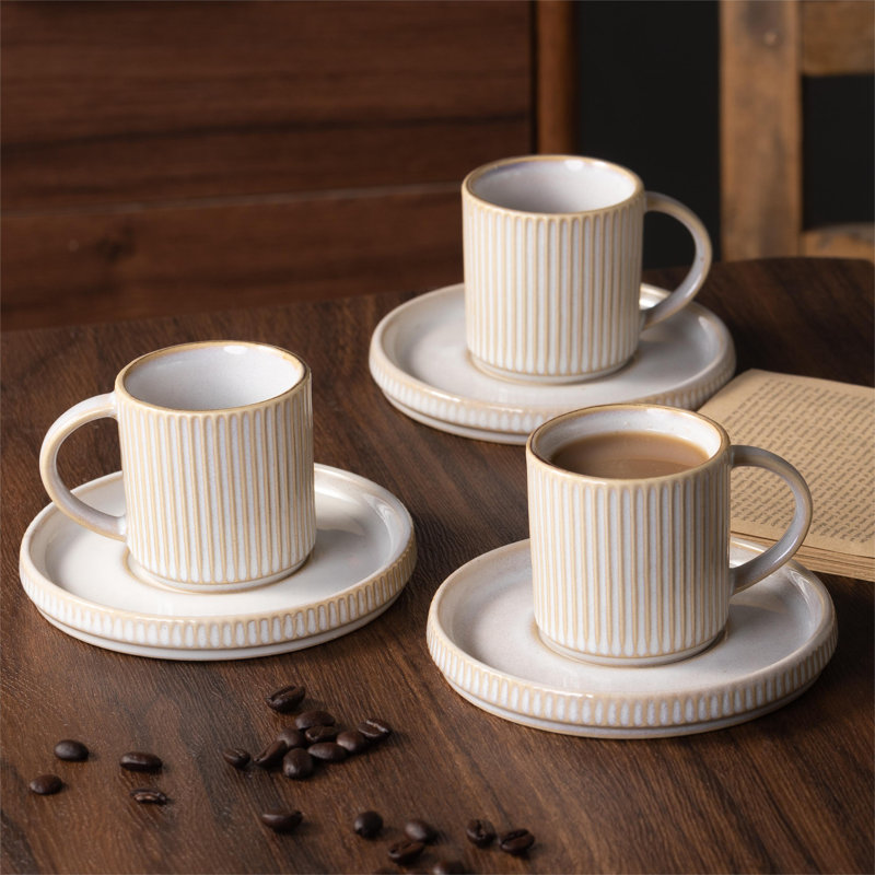 Stoneware 3oz Espresso Cup & Saucer Set (Set of 4), Cappuccino White
