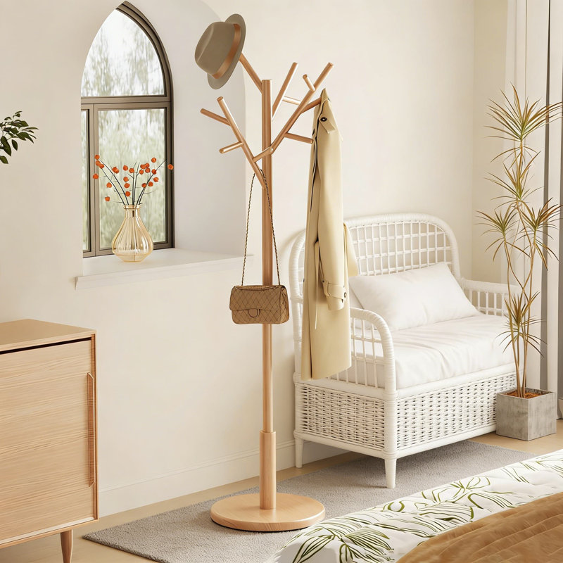 Freestanding Wood Coat Rack Tree With 12 Hooks, Adjustable Height Entryway Organizer For Coats, Hats, Bags, And Scarves