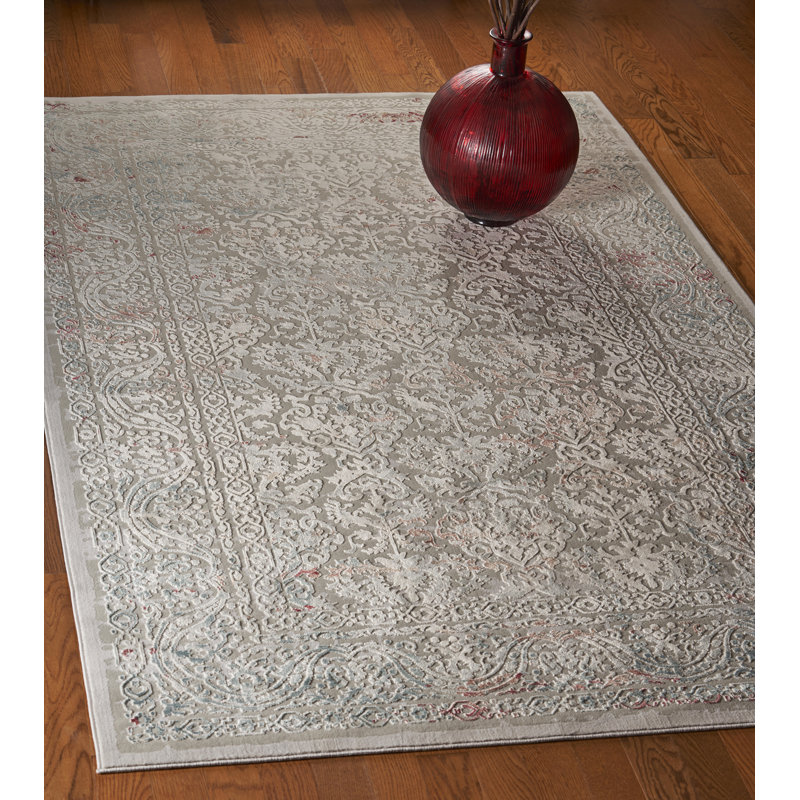 Modern Soft Damask Power-Loomed Polyester Indoor Area Rug, Gray/Red, Rectangle 5'3" x 7'6"